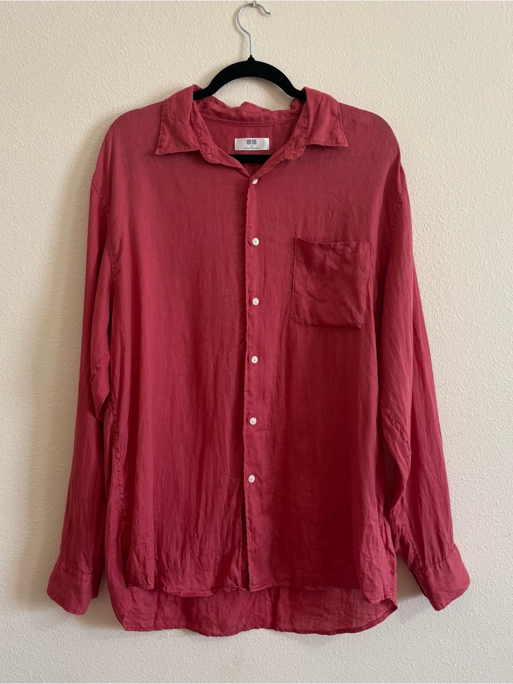 Men's 100% Linen Red Long-Sleeve Button-Up Shirt